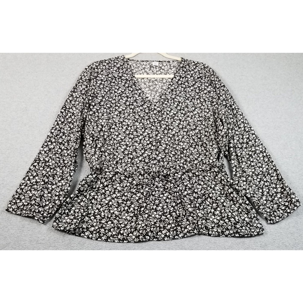 Old Navy Peplum Top‎ Womens XL Black White Floral V-Neck Long Sleeves Waist Tie